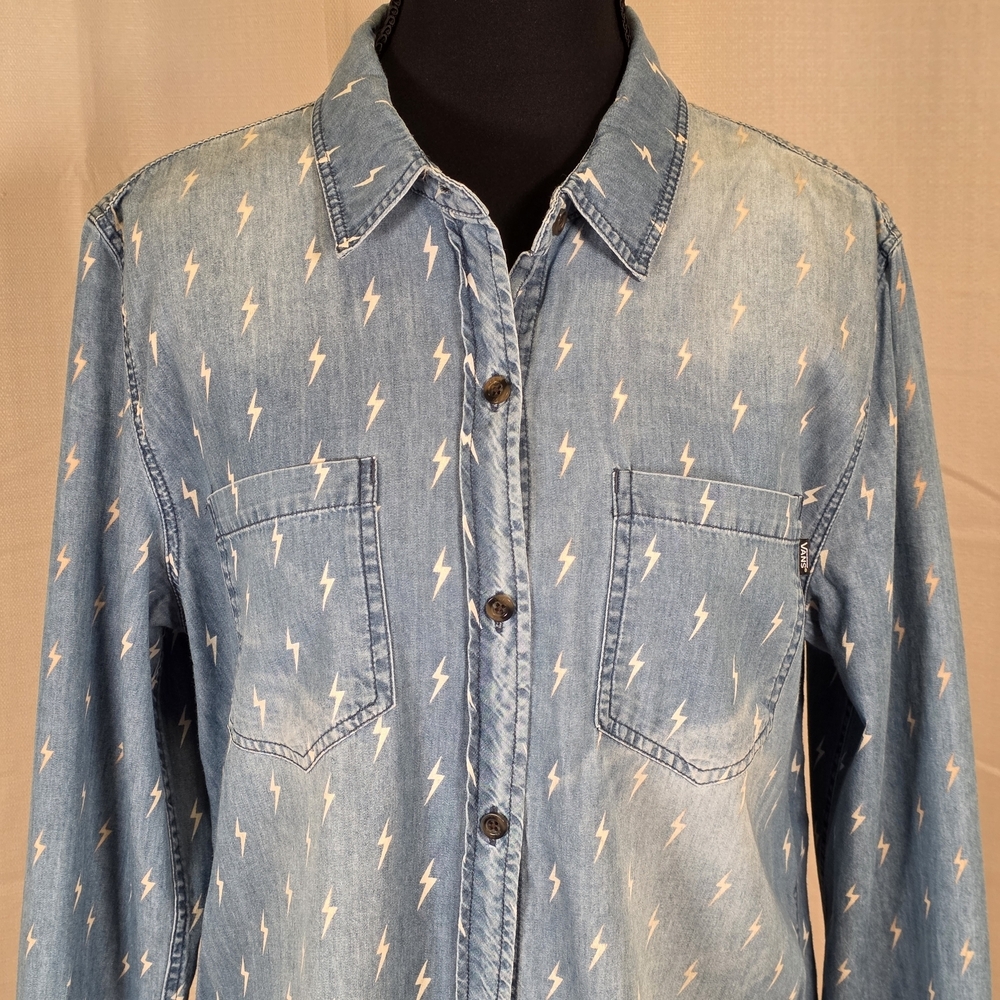 Vans Light Blue Denim Button-Up Shirt with White Lightning Print - Picture 2 of 11